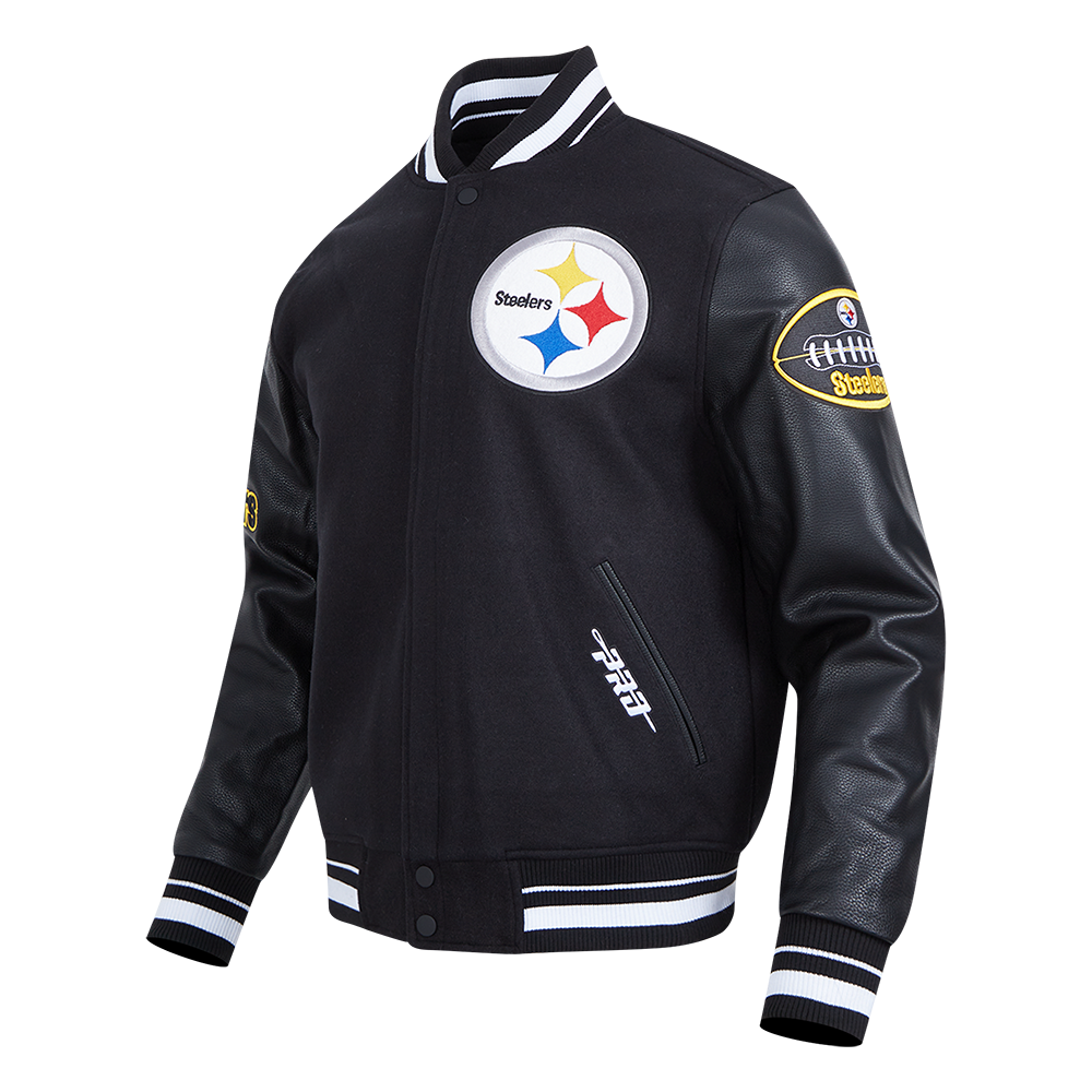 NFL PITTSBURGH STEELERS OLD ENGLISH MEN'S RIB WOOL VARSITY JACKET (BLACK)