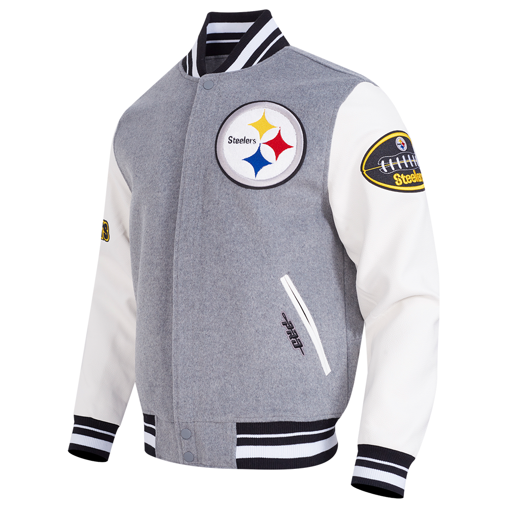 NFL PITTSBURGH STEELERS OLD ENGLISH MEN'S RIB WOOL VARSITY JACKET (HEATHER GREY/WHITE/BLACK)