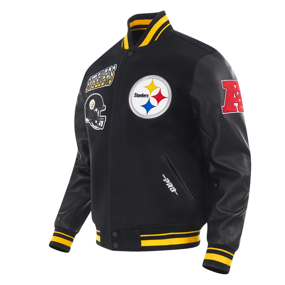 NFL PITTSBURGH STEELERS TURN IT UP MEN'S RIB WOOL VARSITY JACKET (BLACK/YELLOW)