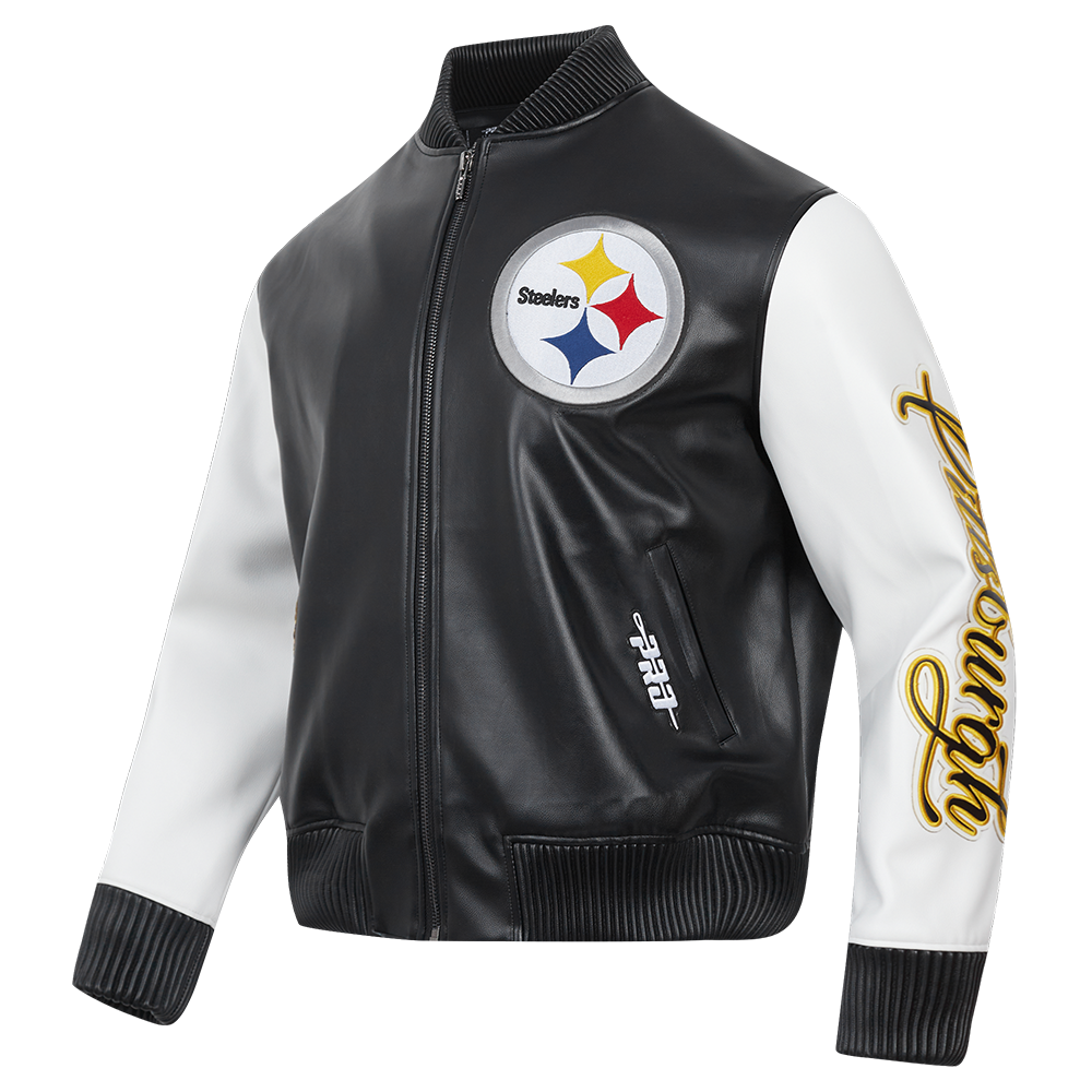 NFL PITTSBURGH STEELERS CITY SIGNATURE MEN'S LEATHER VARSITY JACKET (BLACK/WHITE)