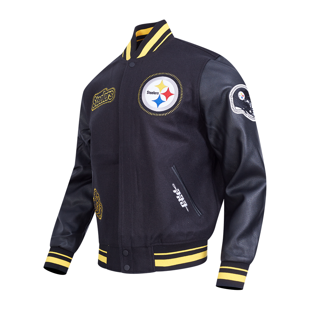 NFL PITTSBURGH STEELERS DIY PICK STITCH MEN'S RIB WOOL VARSITY JACKE (BLACK/YELLOW)