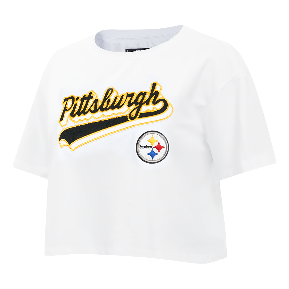 NFL PITTSBURGH STEELERS SCRIPT TAIL WOMEN'S SJ BOXY TEE (WHITE)