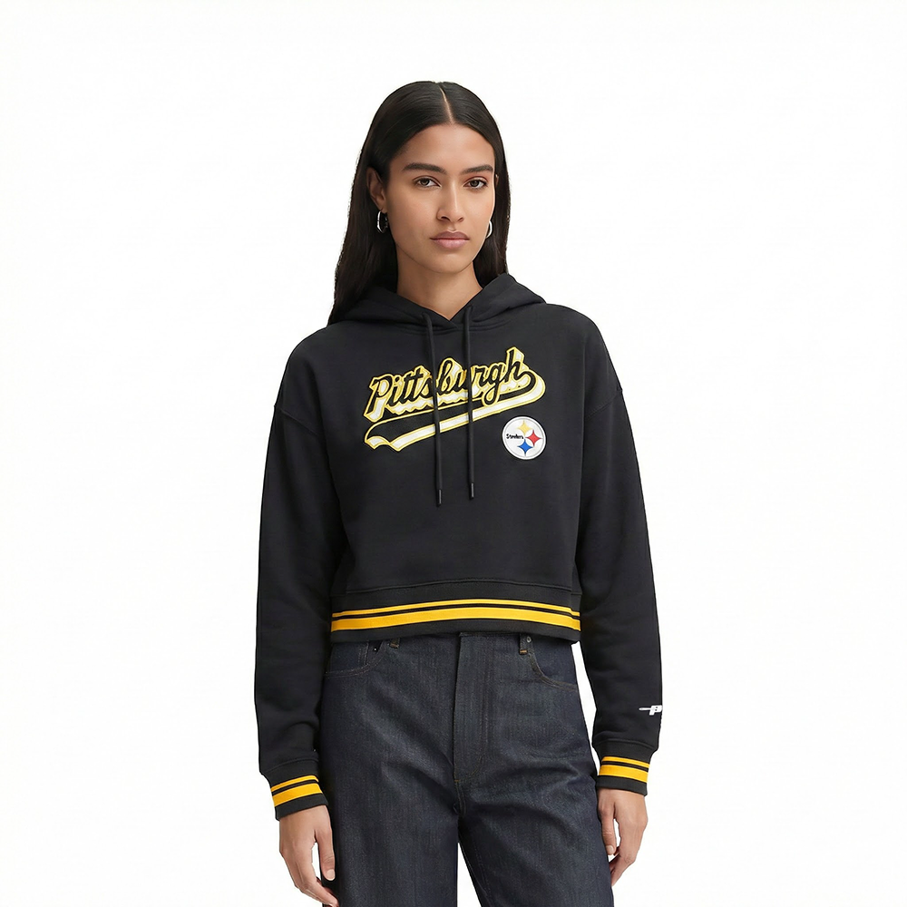 NFL PITTSBURGH STEELERS SCRIPT TAIL WOMEN'S RIB FLC CROPPED PO HOODIE (BLACK/YELLOW)
