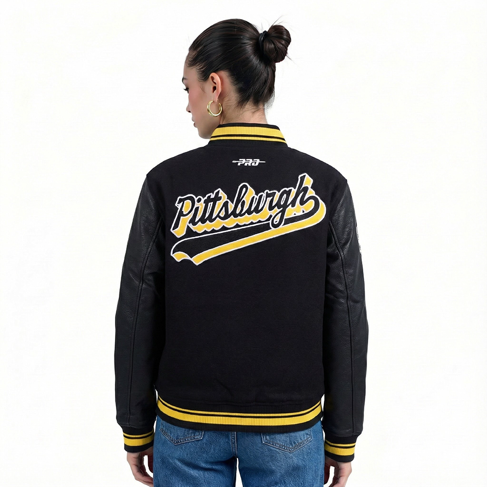 NFL PITTSBURGH STEELERS SCRIPT TAIL WOMEN'S WOOL VARSITY JACKET (BLACK/YELLOW)