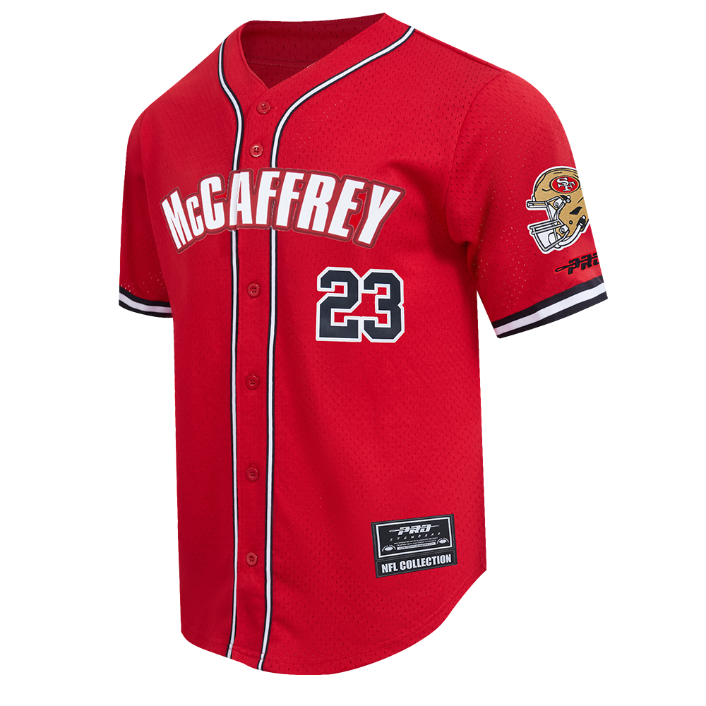 NFL SAN FRANCISCO 49ERS CHRISTIAN MCCAFFREY #23 CLASSIC MESH PNN MEN'S MESH BUTTON DOWN SHIRT (RED/BLACK)