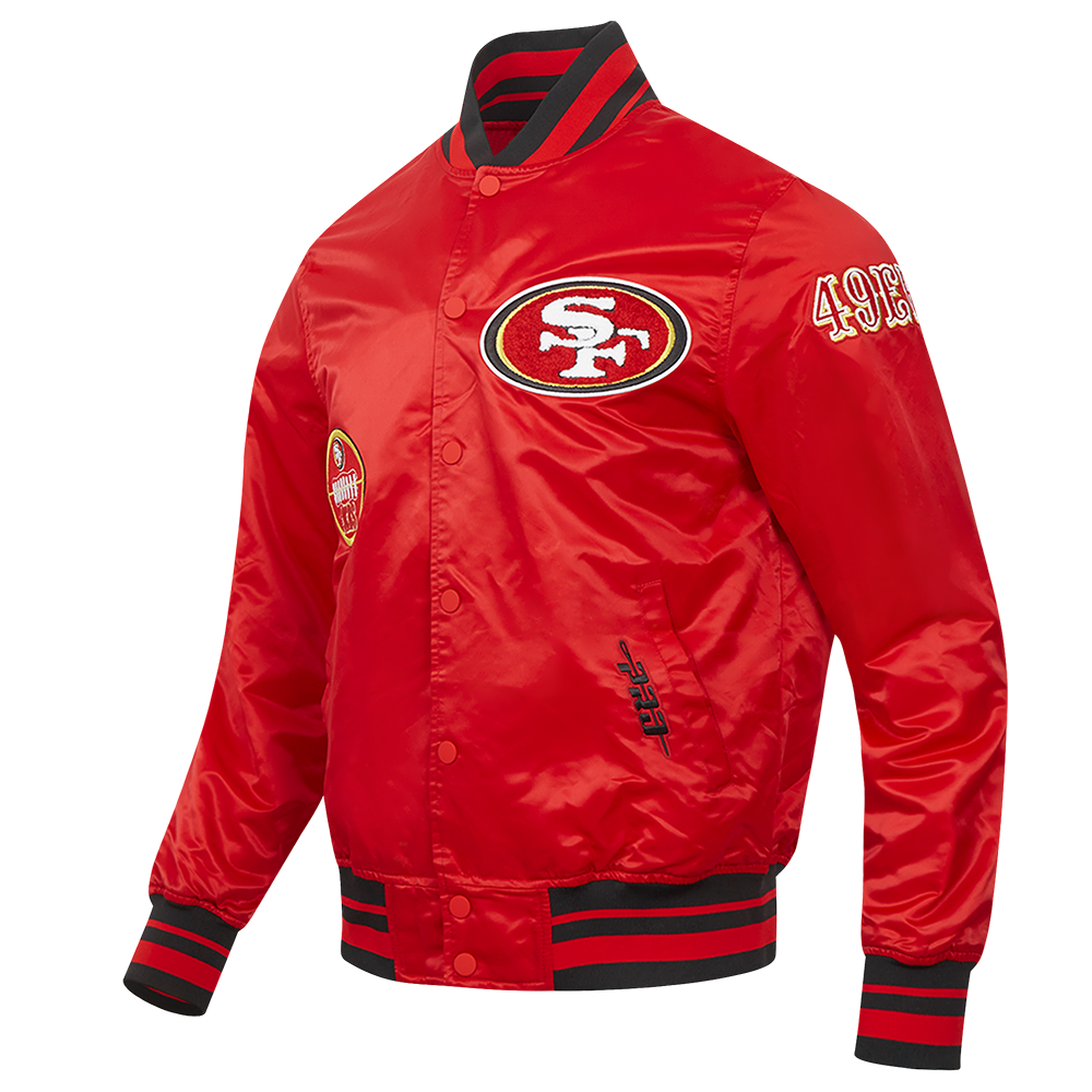 NFL SAN FRANCISCO 49ERS OLD ENGLISH MEN'S RIB SATIN JACKET (RED/BLACK)