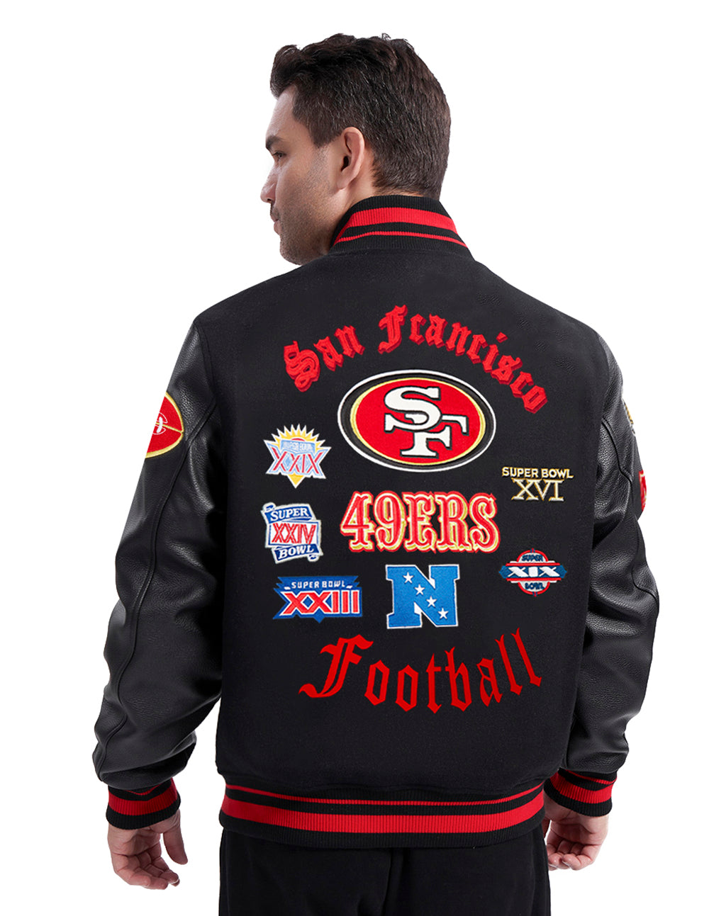 NFL SAN FRANCISCO 49ERS OLD ENGLISH MEN'S RIB WOOL VARSITY JACKET (BLACK/RED/BLACK)