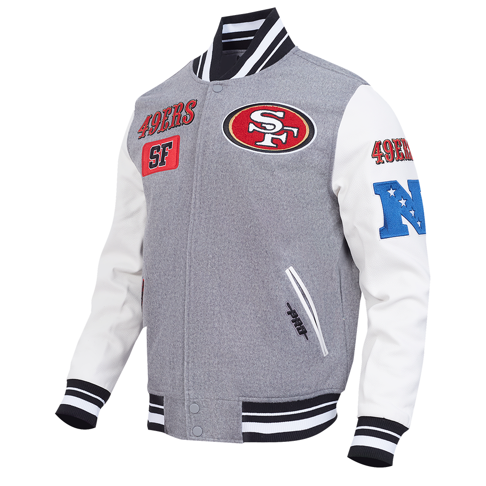 NFL SAN FRANCISCO 49ERS AREA CODE MEN'S RIB WOOL VARSITY JACKET (HEATHER GREY/WHITE/BLACK)