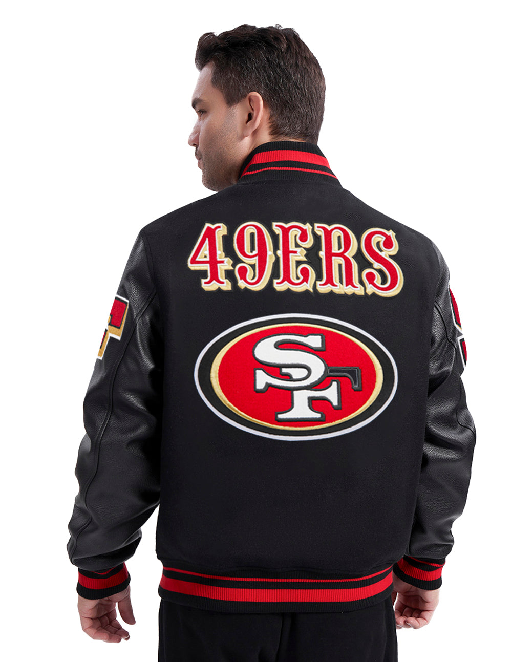 NFL SAN FRANCISCO 49ERS MASHUP MEN'S RIB WOOL VARSITY JACKET (BLACK/RED/BLACK)