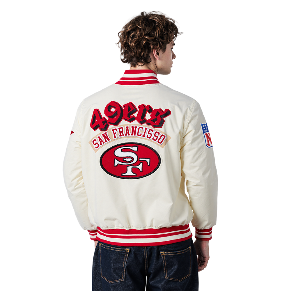 NFL SAN FRANCISCO 49ERS BEST OF MEN'S RIB SATIN JACKET (EGGSHELL/ RED)