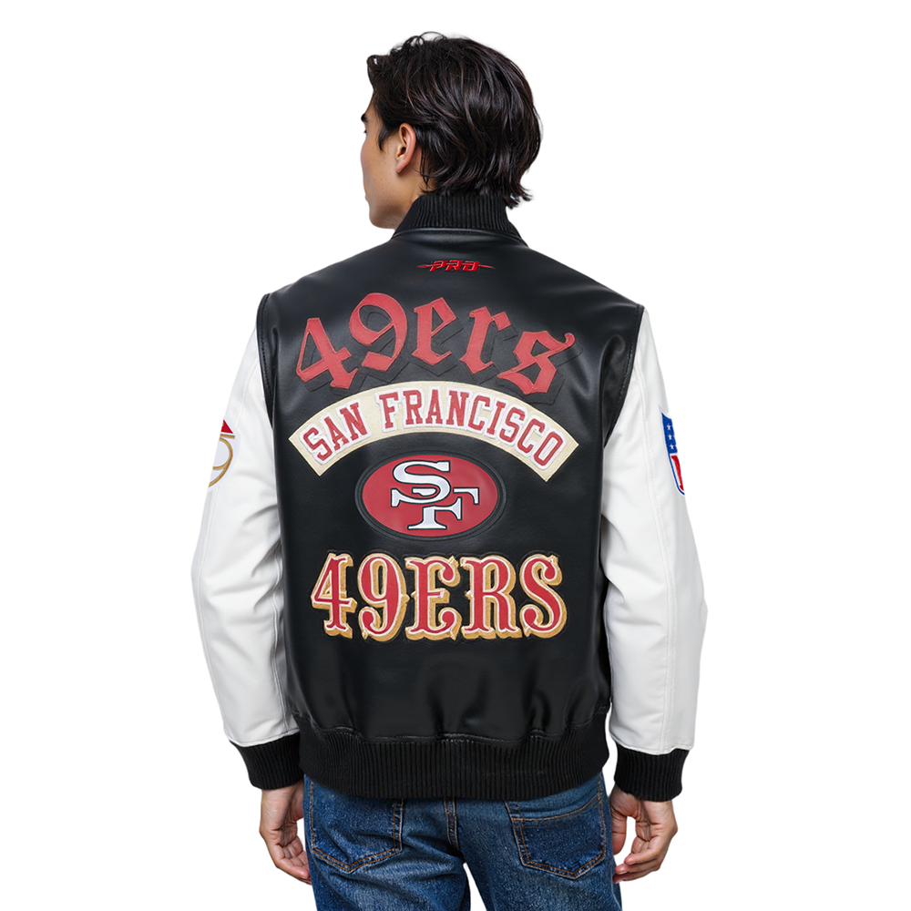 NFL SAN FRANCISCO 49ERS BEST OF MEN'S LEATHER VARSITY JACKET (BLACK/WHITE)