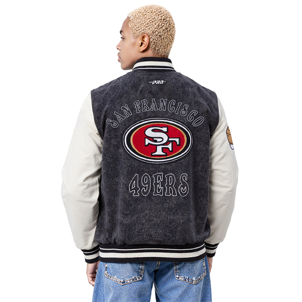 NFL SAN FRANCISCO 49ERS REBEL ATHLETICS MEN'S DENIM VARSITY JACKET (WASHED BLACK/EGGSHELL)