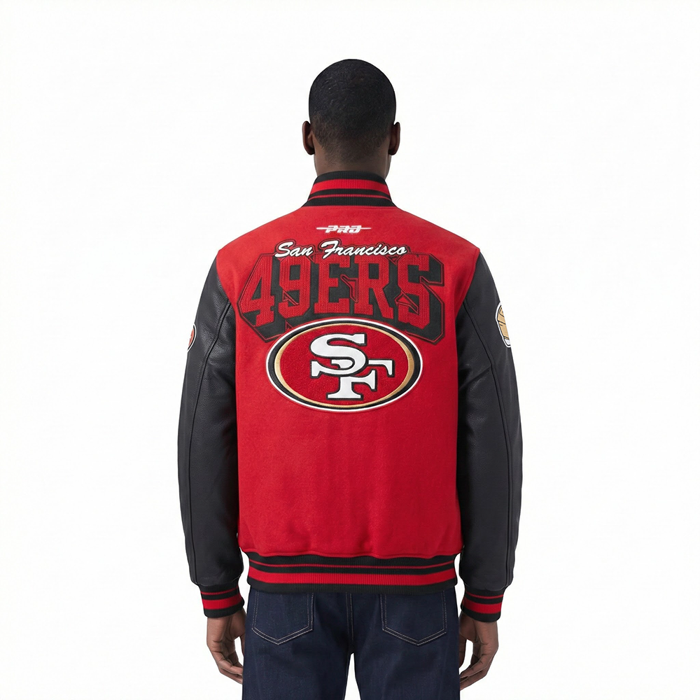 NFL SAN FRANCISCO 49ERS TEAM BADGE MEN'S RIB WOOL VARSITY JACKET (RED/BLACK)
