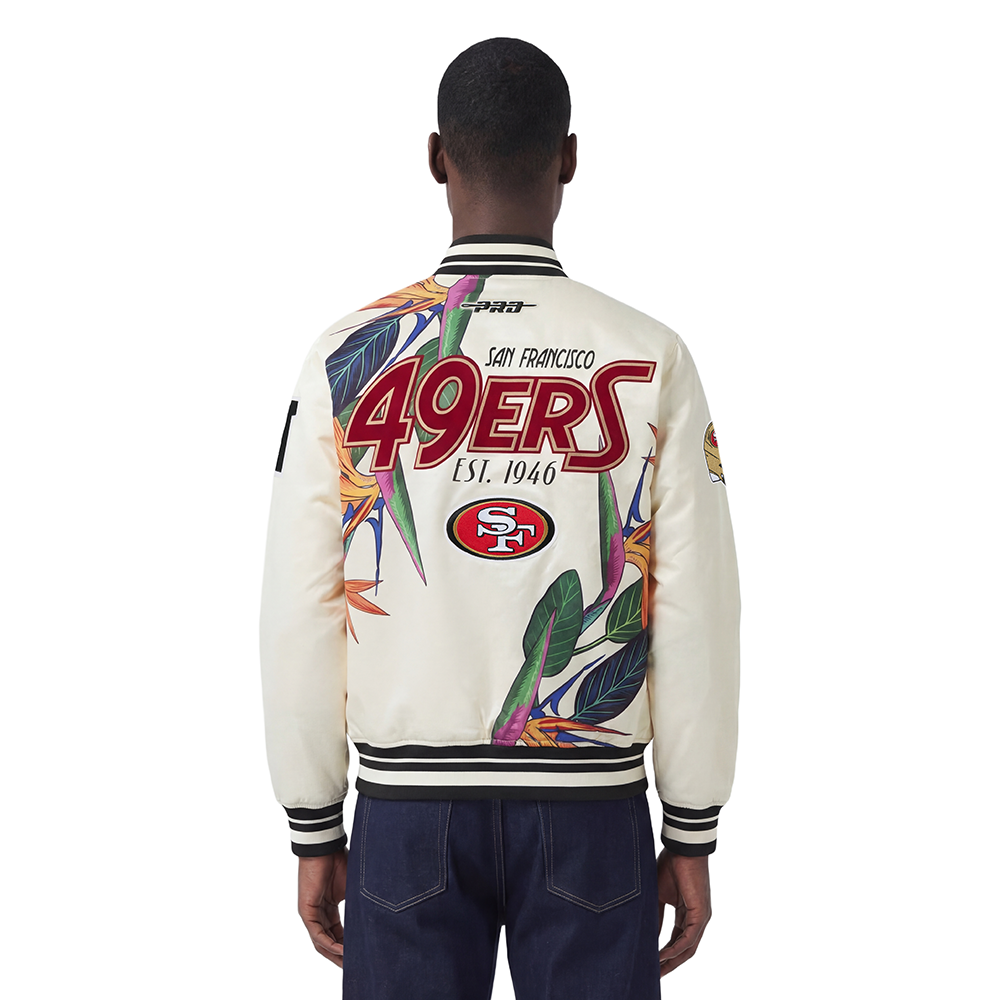 NFL SAN FRANCISCO 49ERS PARADISE MEN'S SATIN JACKET (EGGSHELL/ BLACK)