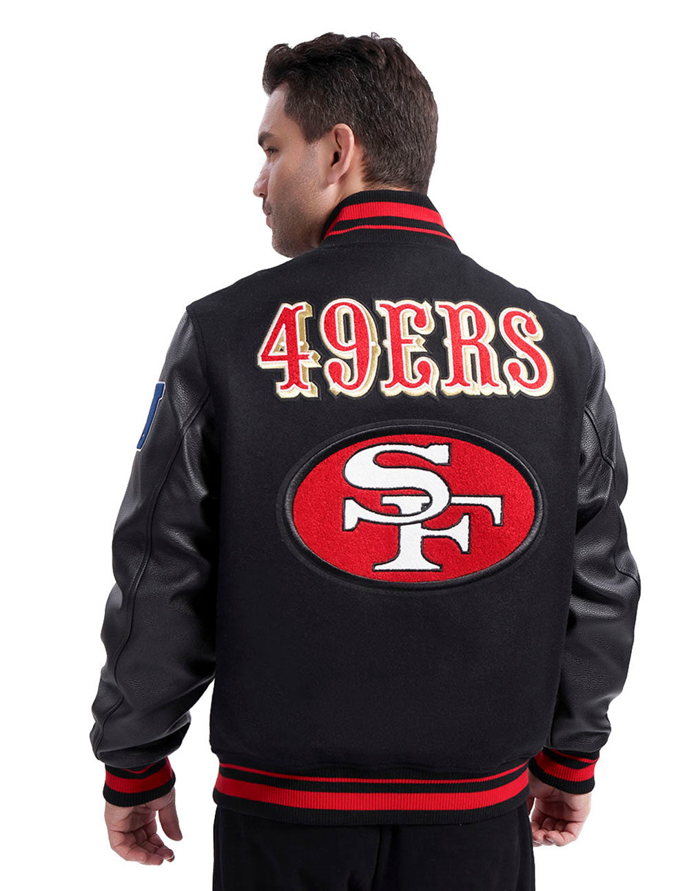 NFL SAN FRANCISCO 49ERS RETRO CLASSIC MEN'S RIB WOOL VARSITY JACKET (BLACK/RED/BLACK)