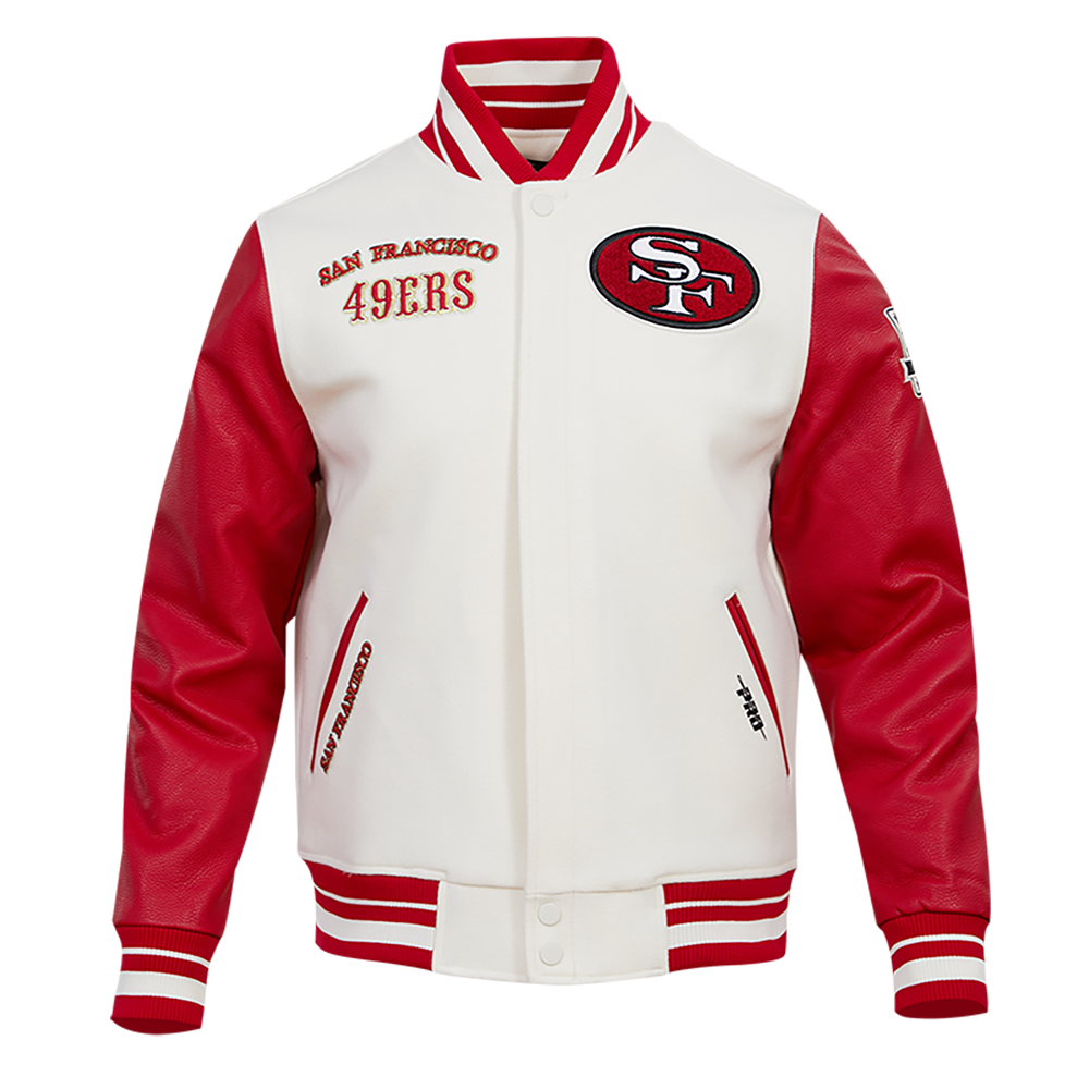 NFL SAN FRANCISCO 49ERS RETRO CLASSIC MEN'S RIB SATIN JACKET (EGGSHELL/ RED)