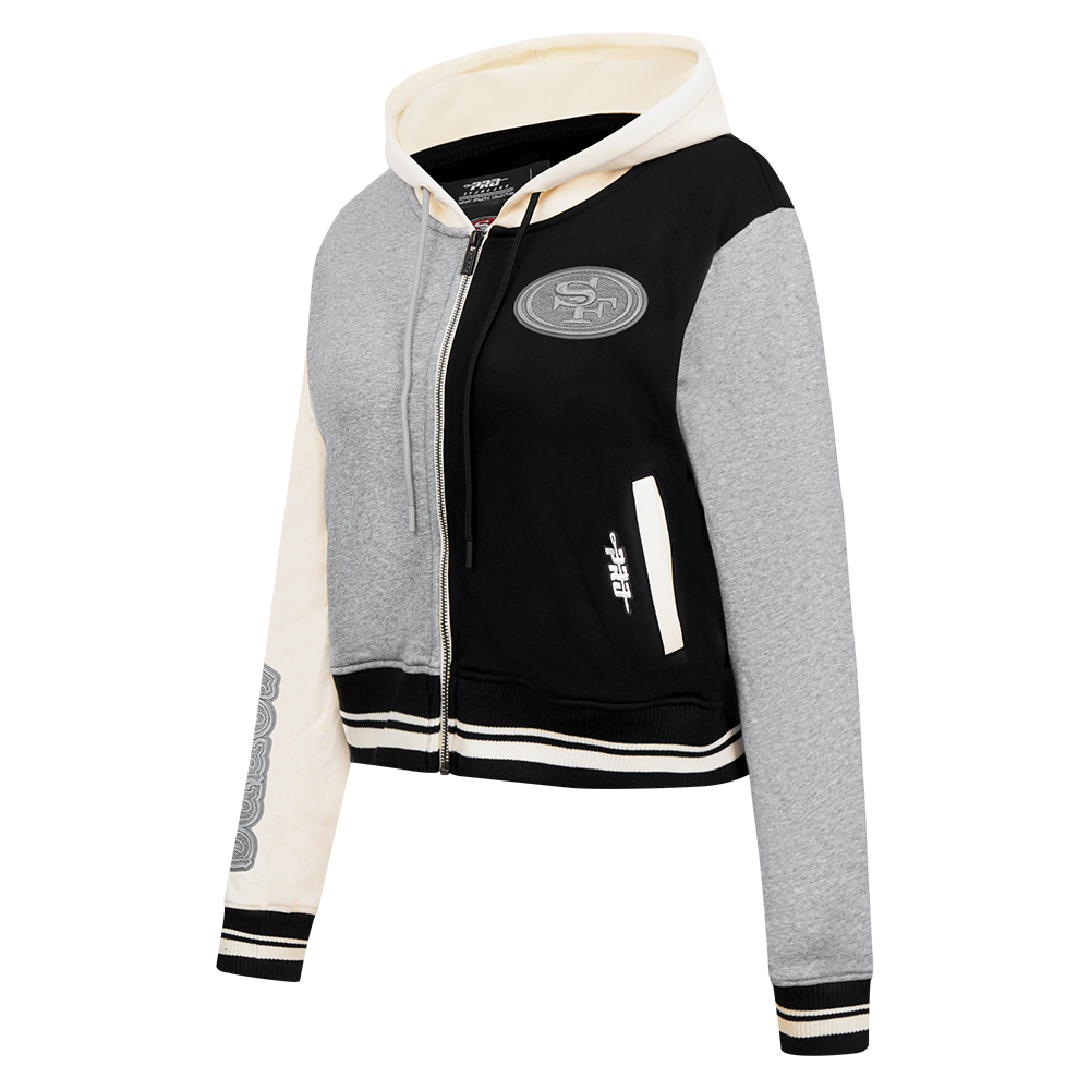 NFL SAN FRANCISCO 49ERS REVERSE FRENCH TERRY WOMEN'S COLOR BLOCK FLEECE FULL ZIP HOODIE (BLACK/GRAY/EGGSHELL)