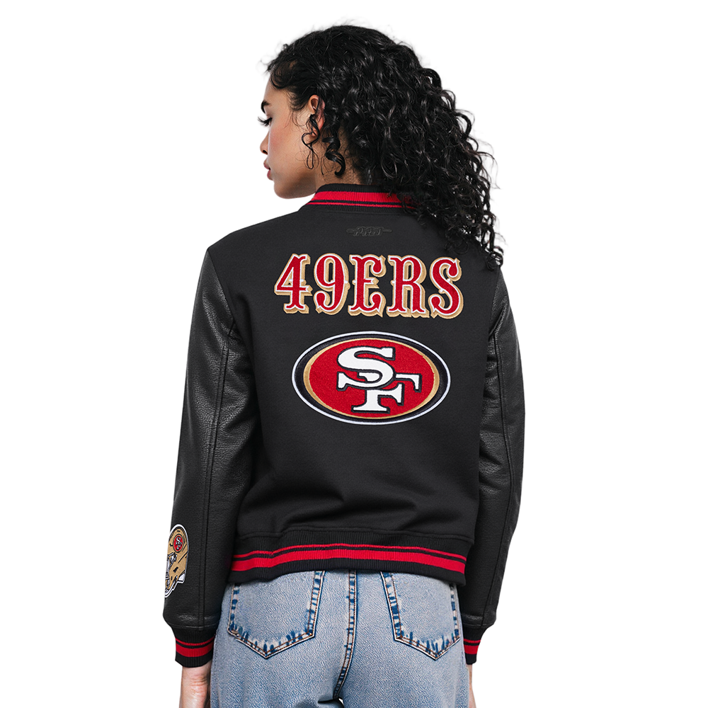 NFL SAN FRANCISCO 49ERS MASHUP WOMEN'S RIB WOOL VARSITY JACKET (BLACK/RED/BLACK)
