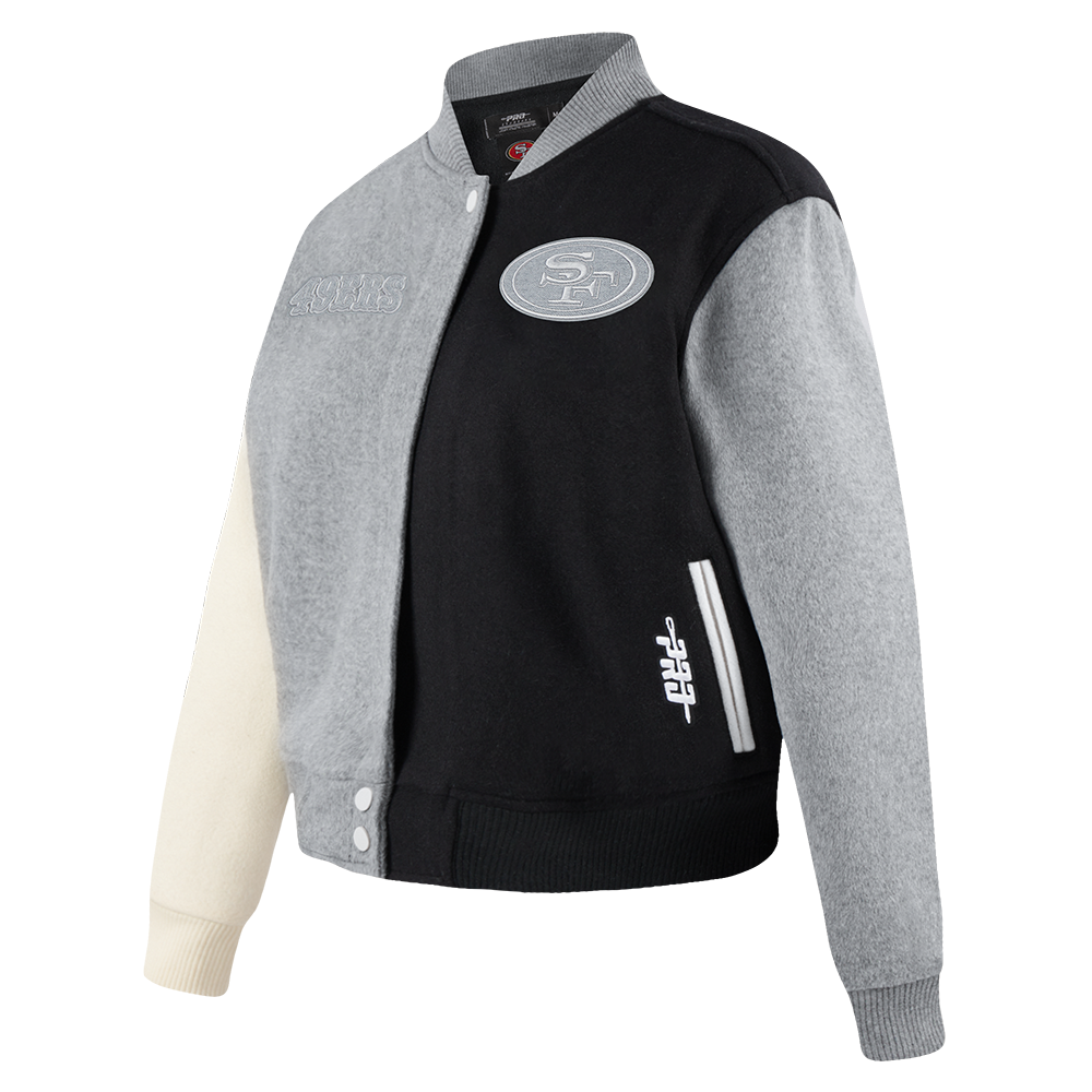 NFL SAN FRANCISCO 49ERS REVERSE FRENCH TERRY WOMEN'S WOOL VARSITY JACK (BLACK/GRAY/EGGSHELL)