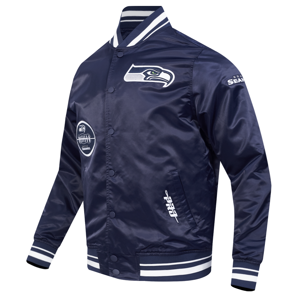 NFL SEATTLE SEAHAWKS OLD ENGLISH MEN'S RIB SATIN JACKET (MIDNIGHT NAVY)