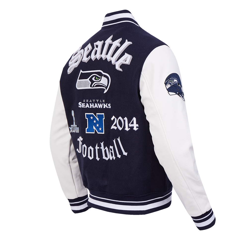 NFL SEATTLE SEAHAWKS OLD ENGLISH MEN'S RIB WOOL VARSITY JACKET (MIDNIGHT NAVY/WHITE)