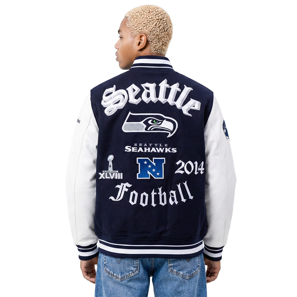 NFL SEATTLE SEAHAWKS OLD ENGLISH MEN'S RIB WOOL VARSITY JACKET (MIDNIGHT NAVY/WHITE)
