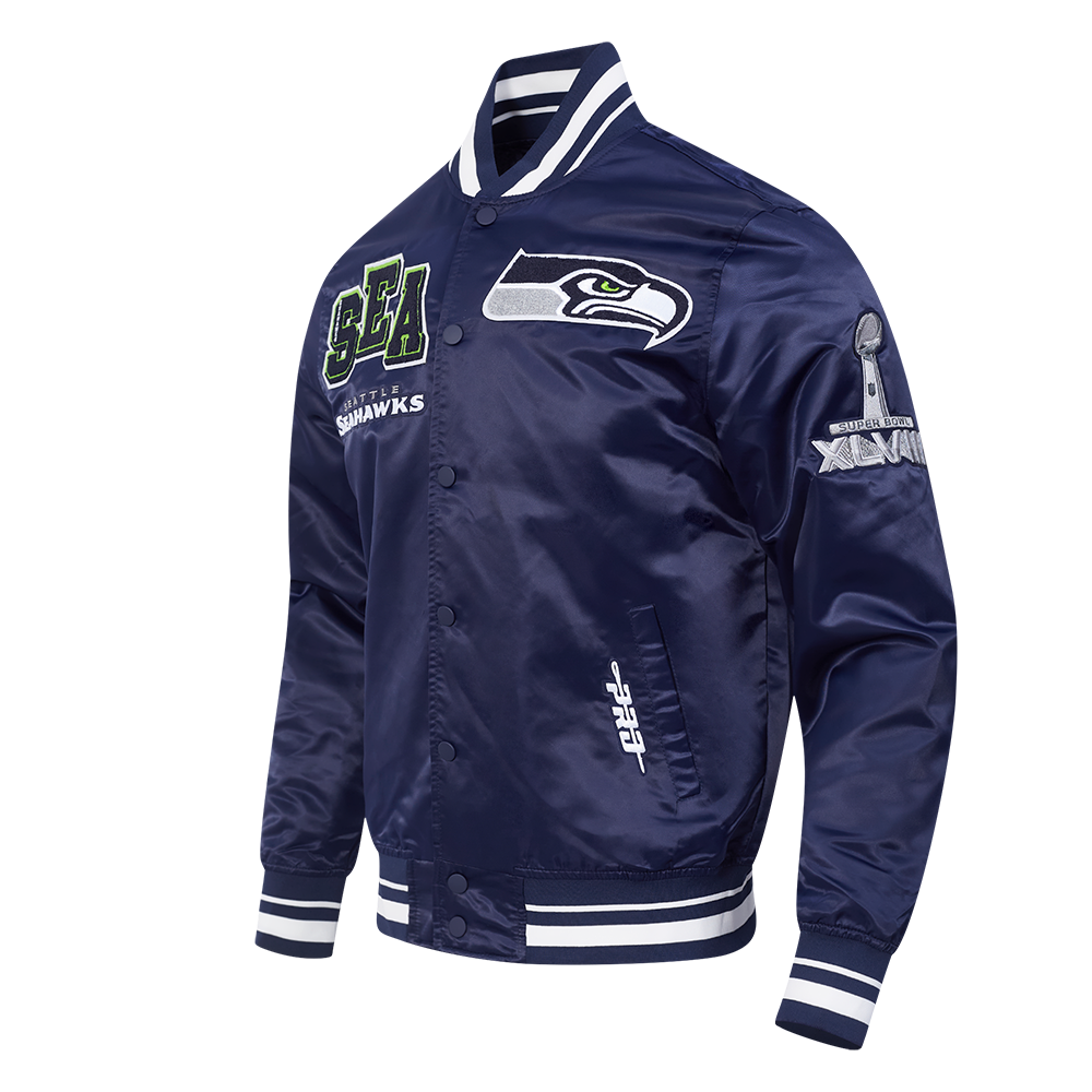 NFL SEATTLE SEAHAWKS MASHUP MEN'S RIB SATIN JACKET (MIDNIGHT NAVY)
