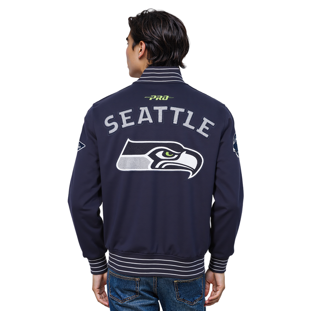NFL SEATTLE SEAHAWKS PRO GAME DAY MEN'S DBL KNIT JACKET (MIDNIGHT NAVY/WHITE)