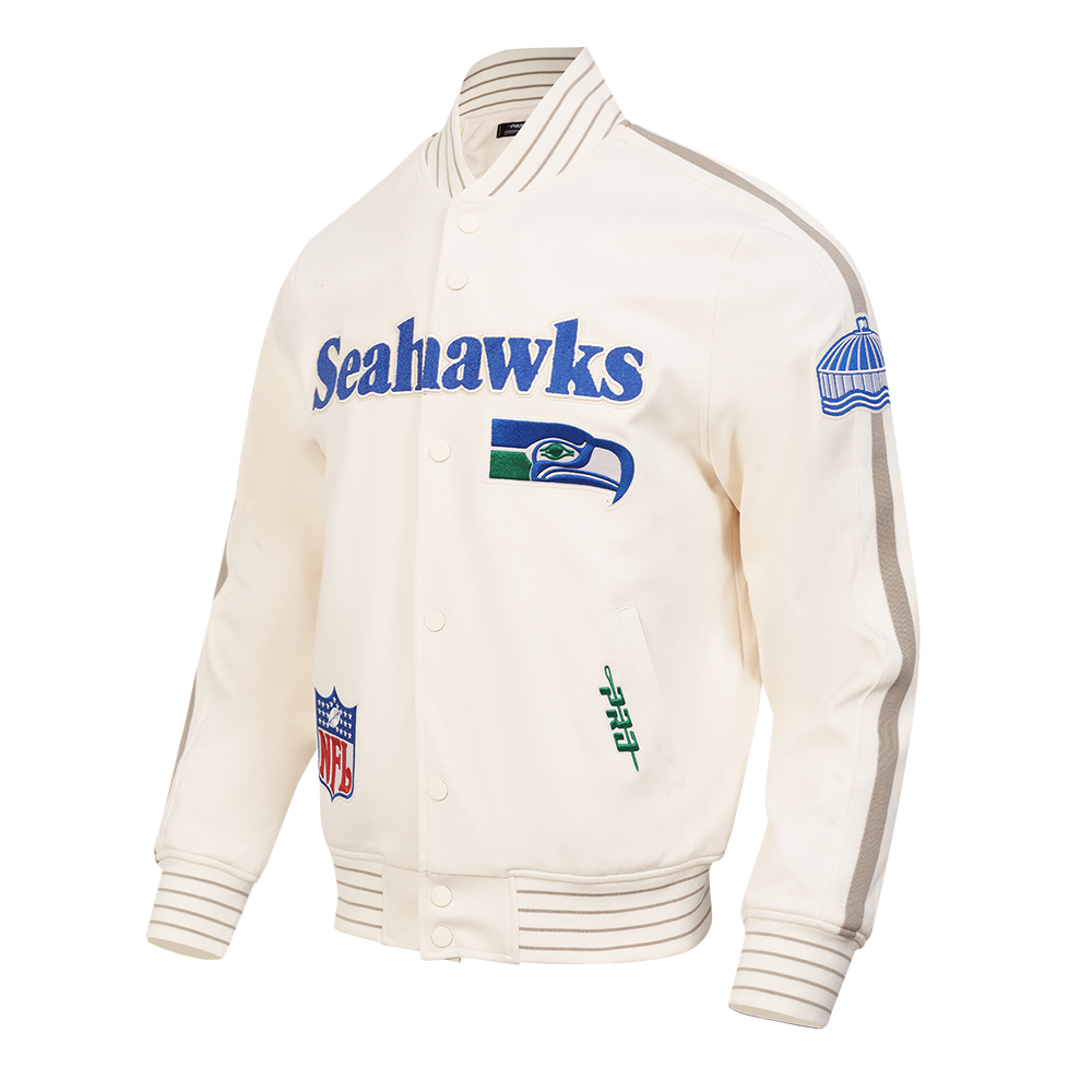 NFL SEATTLE SEAHAWKS RETRO PRO GAME DAY JACKET MEN'S RIB DBL KNIT JACKET (EGGSHELL/TAUPE/EGGSHELL)