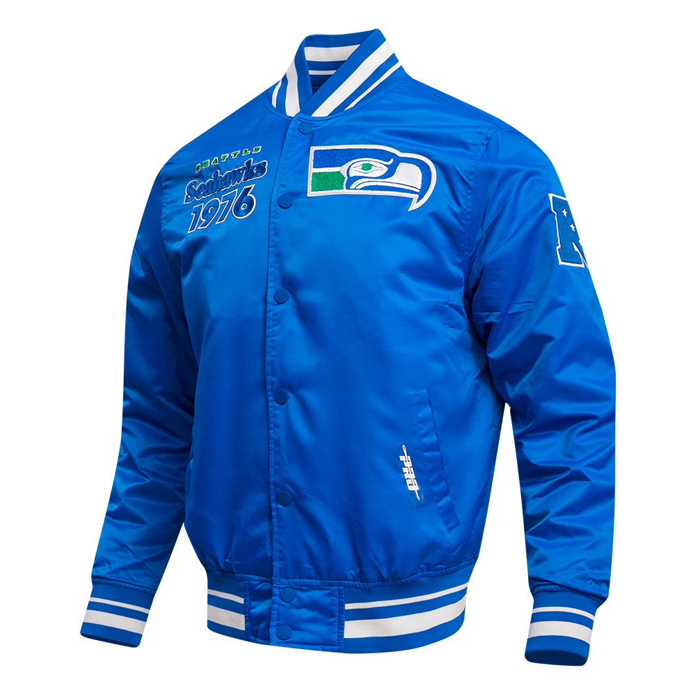 NFL SEATTLE SEAHAWKS RETRO CLASSIC MEN'S RIB SATIN JACKET (ROYAL BLUE)