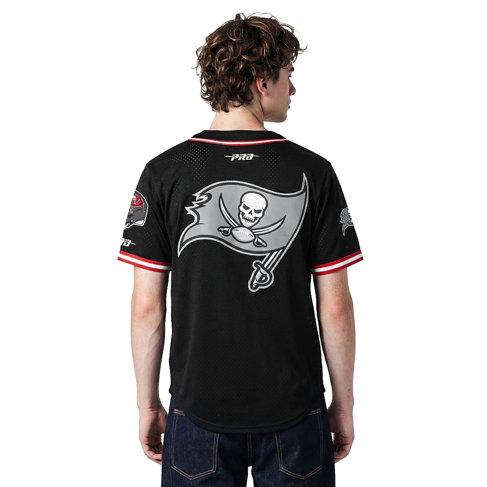 NFL TAMPA BAY BUCCANEERS BAKER MAYFIELD #6 CLASSIC MESH PNN MEN'S MESH BUTTON DOWN SHIRT (BLACK/RED)