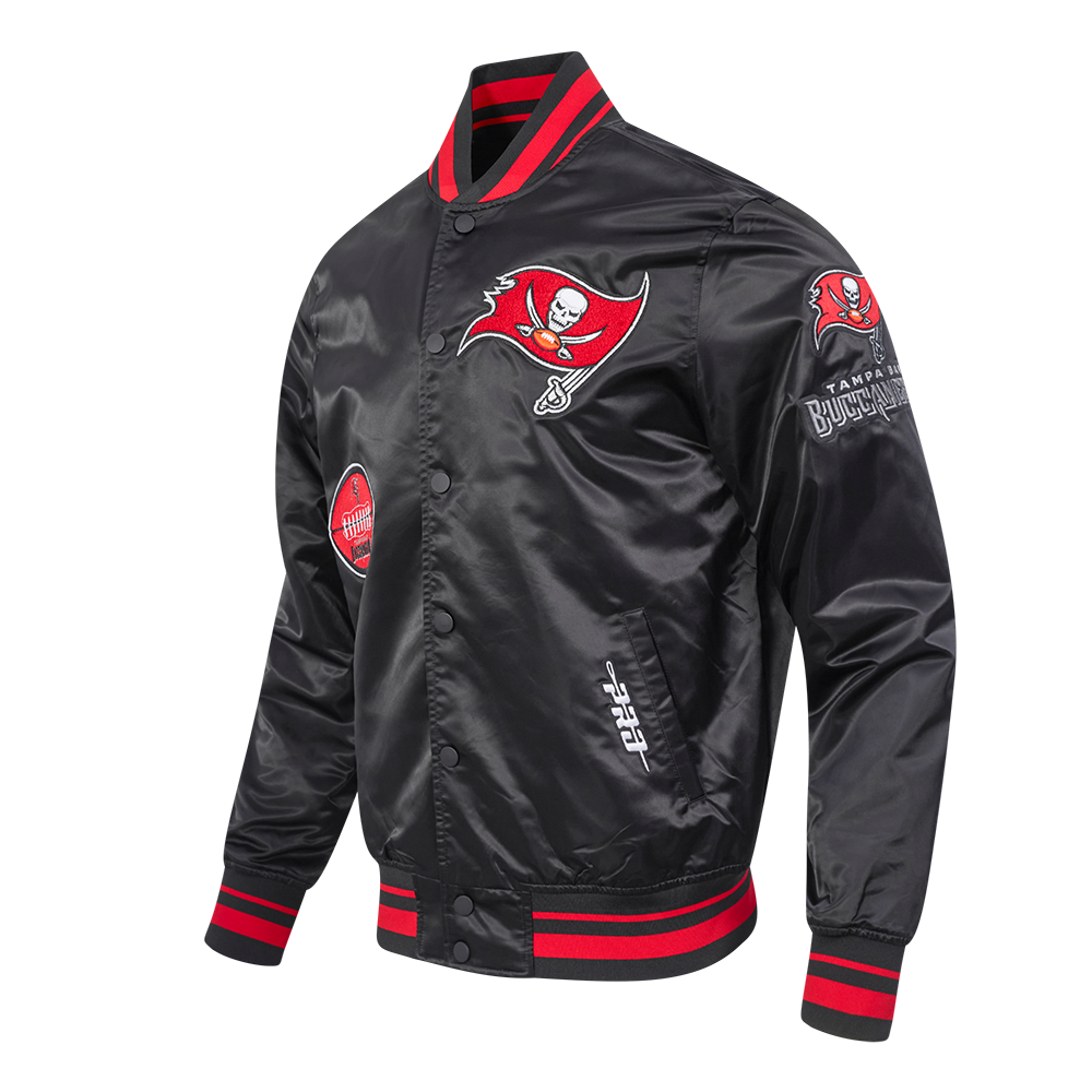 NFL TAMPA BAY BUCCANEERS OLD ENGLISH MEN'S RIB SATIN JACKET (BLACK/RED/BLACK)