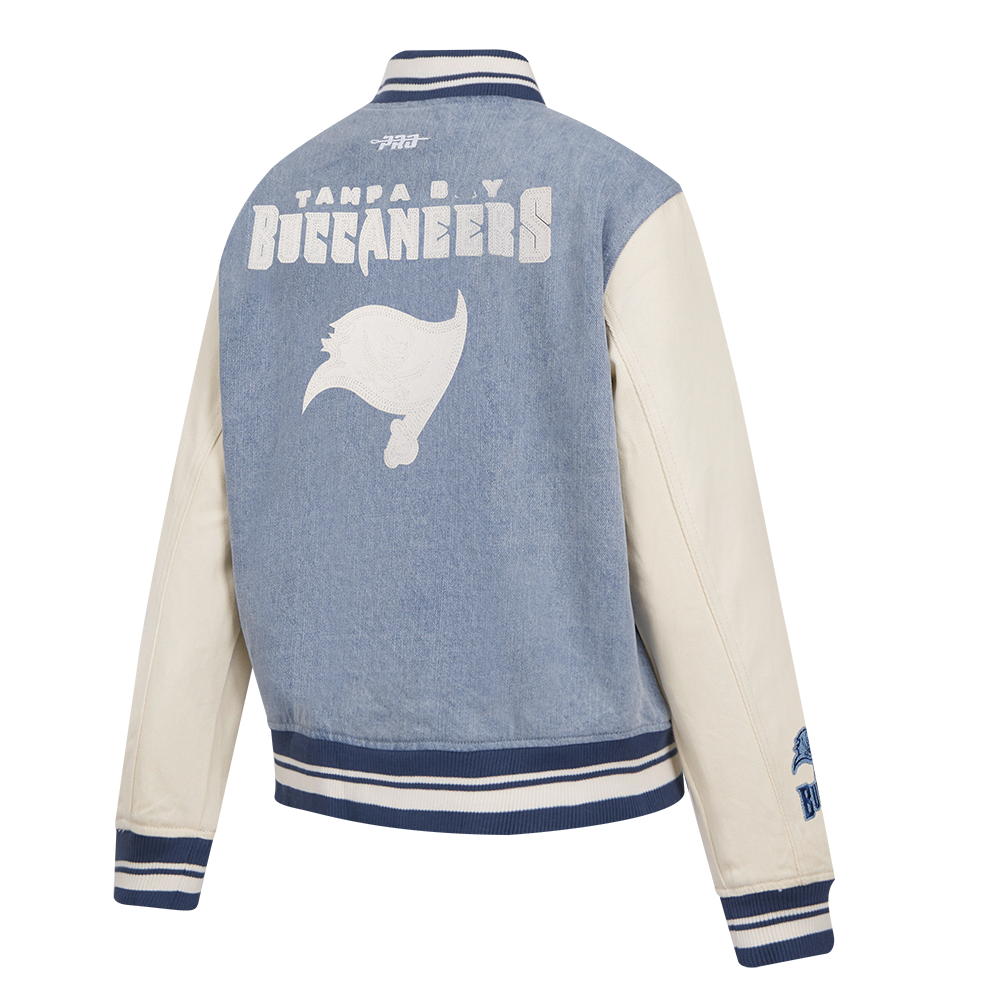 NFL TAMPA BAY BUCCANEERS VARSITY BLUES WOMEN'S  DENIM VARSITY JACKET (DENIM/LINEN)