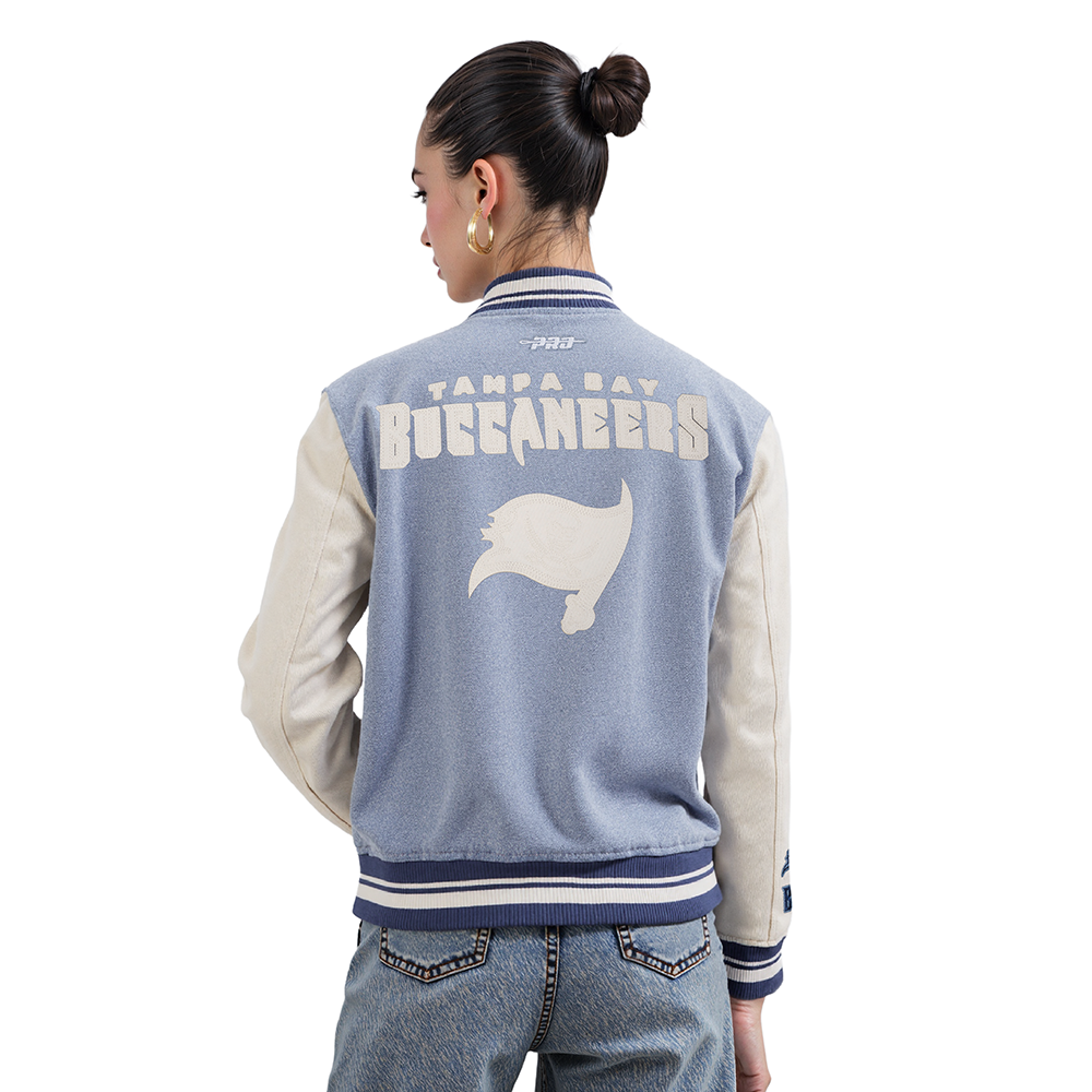 NFL TAMPA BAY BUCCANEERS VARSITY BLUES WOMEN'S  DENIM VARSITY JACKET (DENIM/LINEN)
