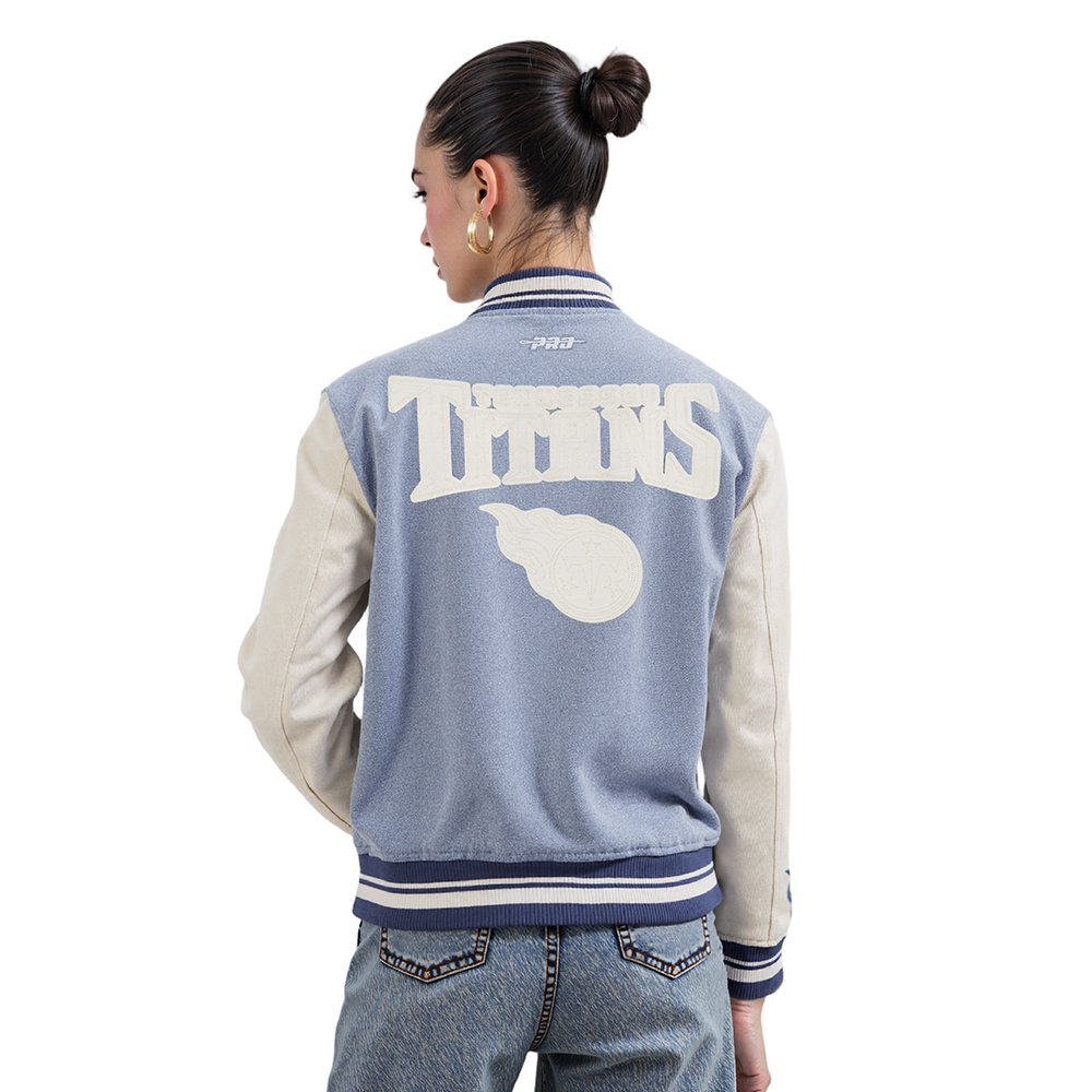 NFL TENNESSEE TITANS VARSITY BLUES WOMEN'S DENIM VARSITY JACKET (DENIM/LINEN)