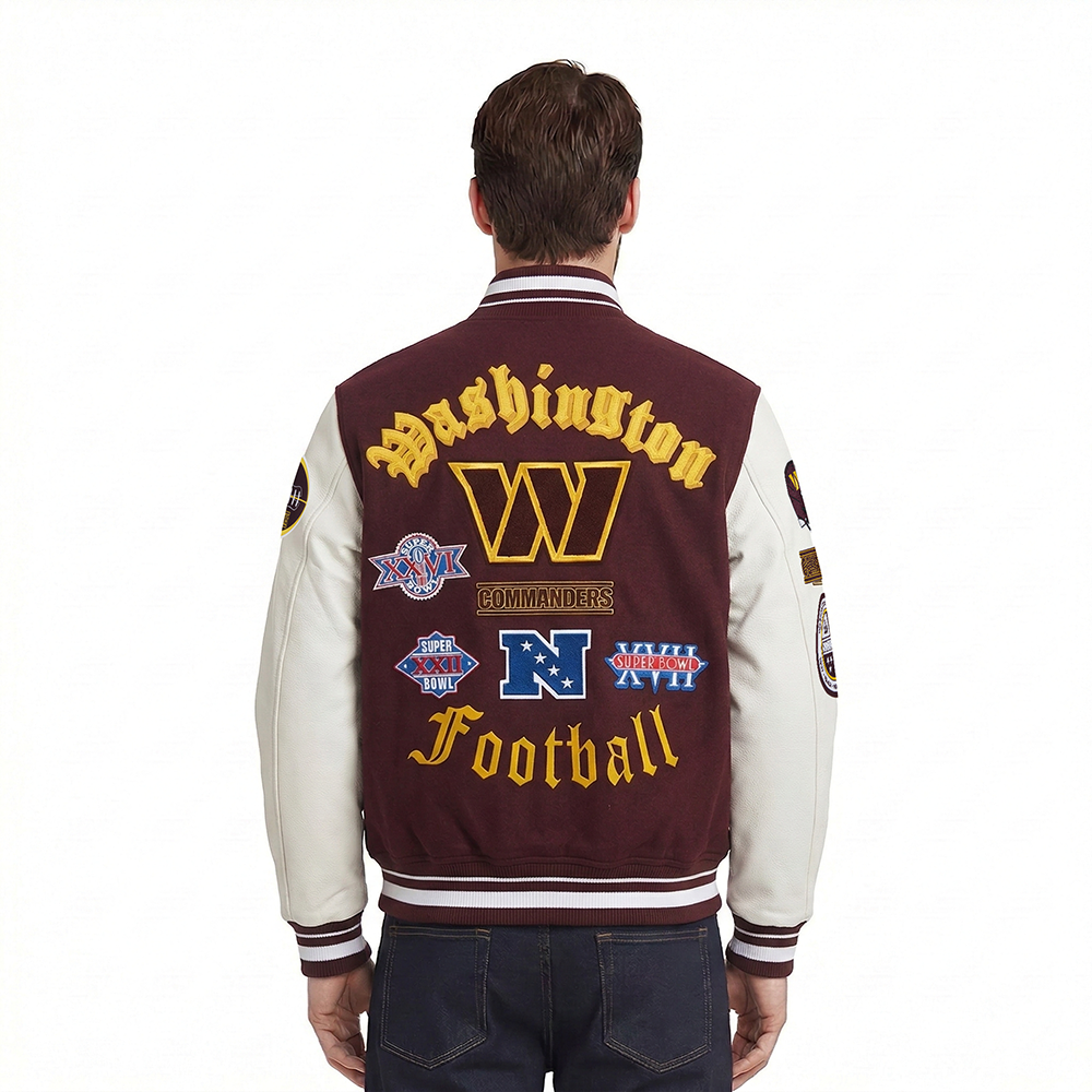 NFL WASHINGTON COMMANDERS OLD ENGLISH MEN'S RIB WOOL VARSITY JACKET (WINE/WHITE)