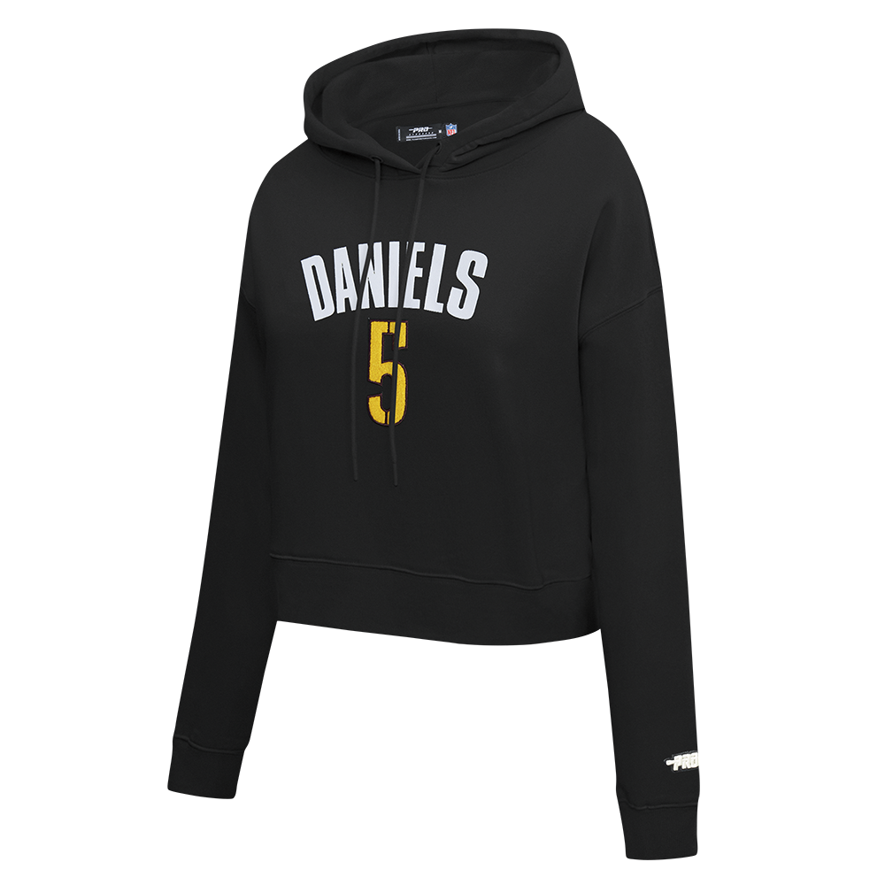 NFL WASHINGTON COMMANDERS JAYDEN DANIELS #5 CLASSIC PNN WOMEN'S FLC CROPPED PO HOODIE (BLACK)