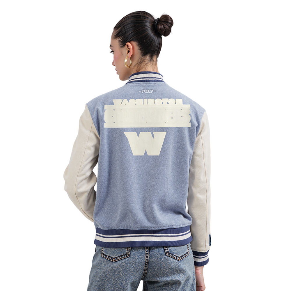NFL WASHINGTON COMMANDERS VARSITY BLUES WOMEN'S DENIM VARSITY JACKET (DENIM/LINEN)