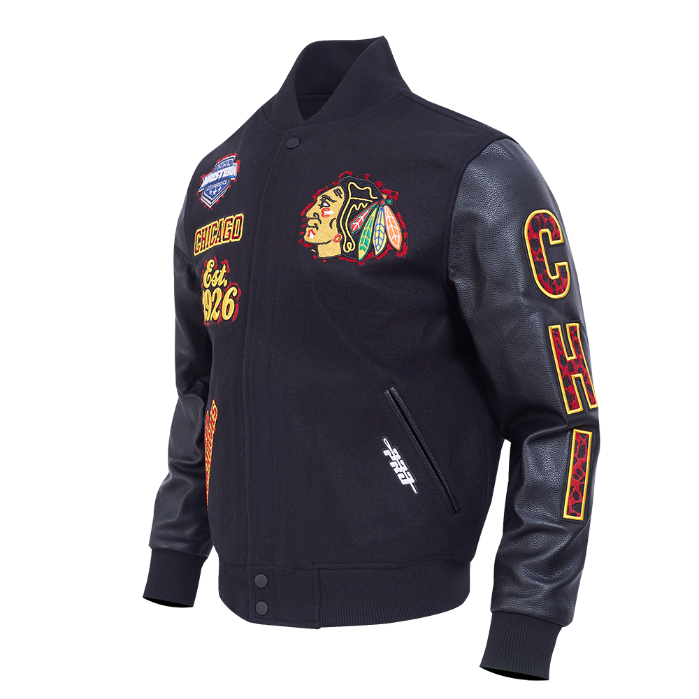 NHL CHICAGO BLACKHAWKS ANIMAL PRINT MEN'S WOOL VARSITY JACKET (JET BLACK)