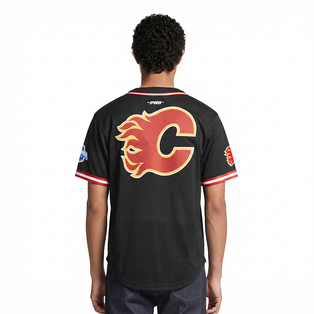 NHL CALGARY FLAMES CLASSIC MESH MEN'S BUTTON DOWN SHIRT (BLACK/RED)