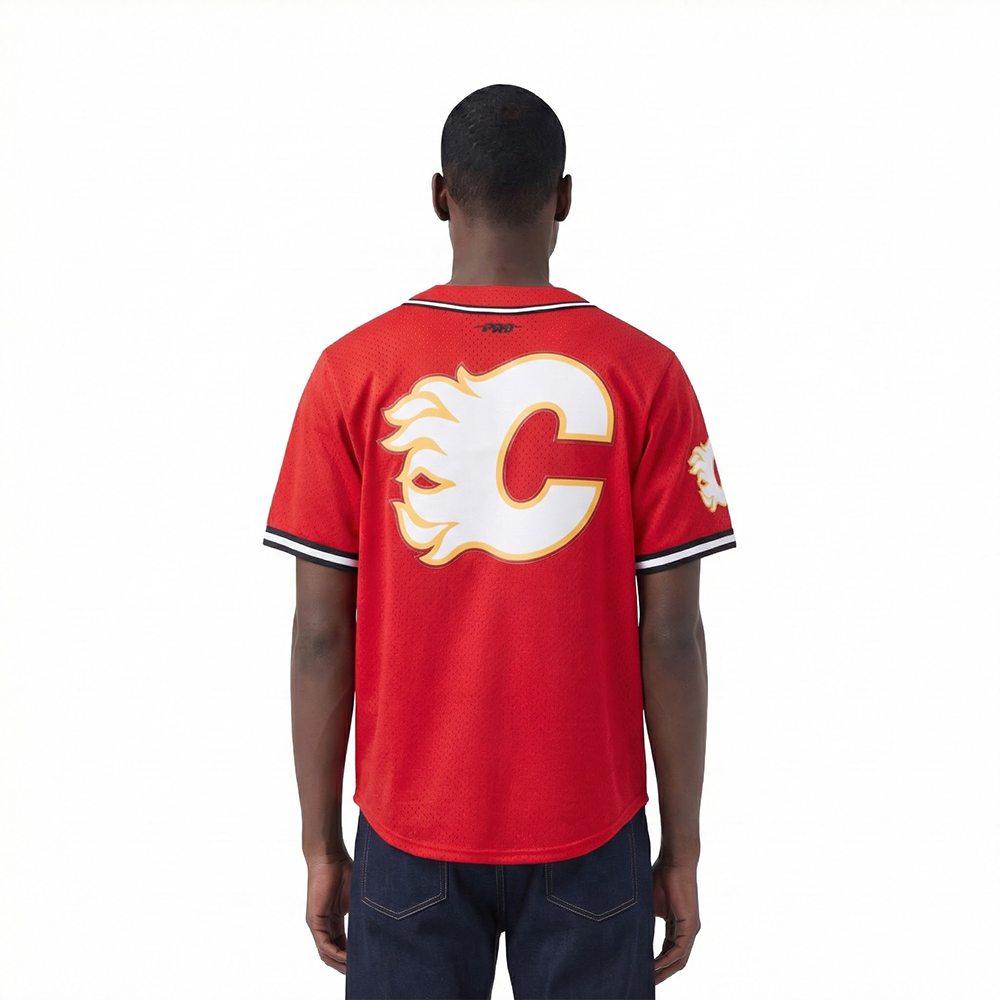 NHL CALGARY FLAMES CLASSIC MESH MEN'S BUTTON DOWN SHIRT (RED/BLACK)