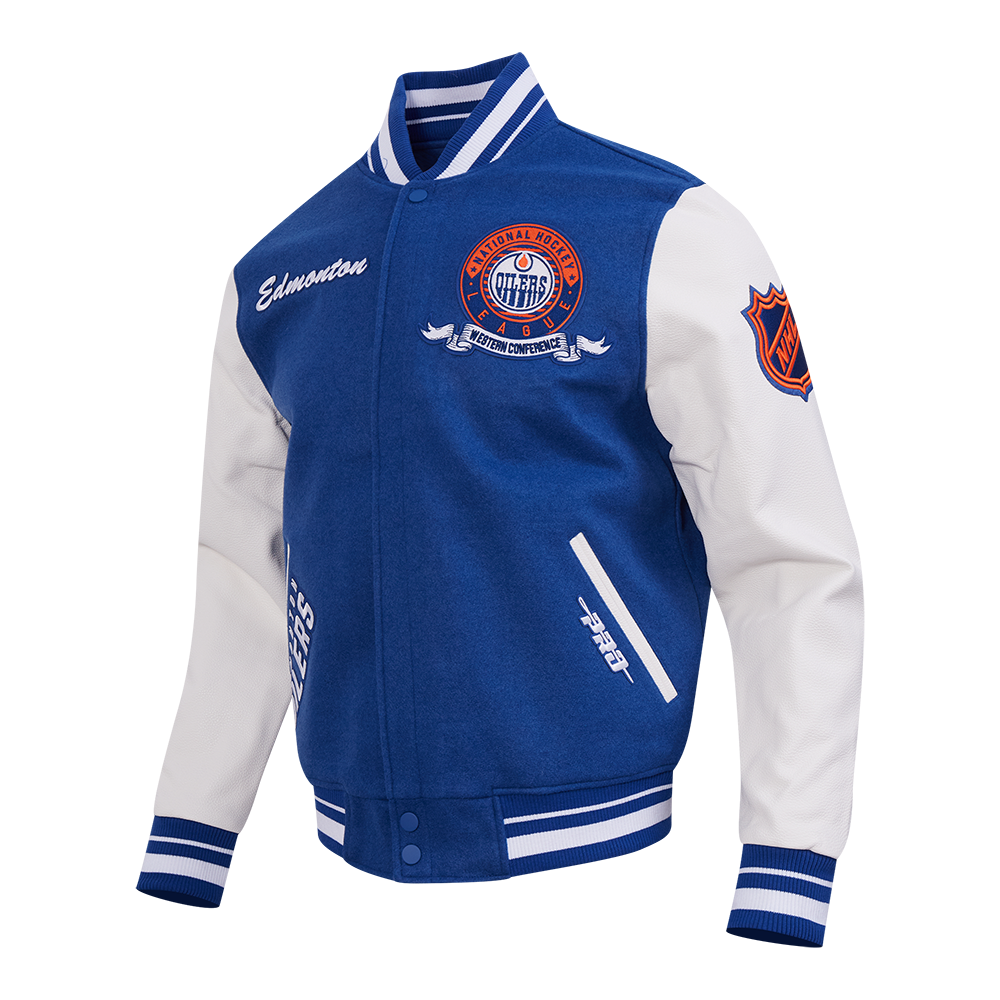 NHL EDMONTON OILERS TEAM BADGE MEN'S RIB WOOL VARSITY JACKET (DODGER BLUE/WHITE)