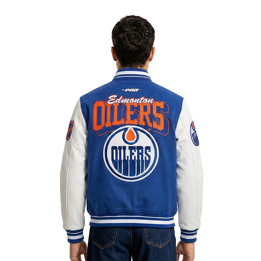 NHL EDMONTON OILERS TEAM BADGE MEN'S RIB WOOL VARSITY JACKET (DODGER BLUE/WHITE)