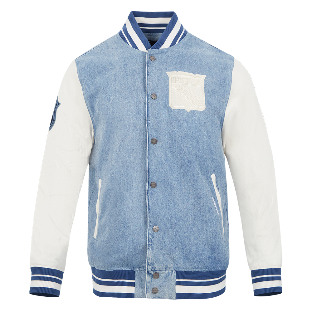 Denim varsity bomber jacket online