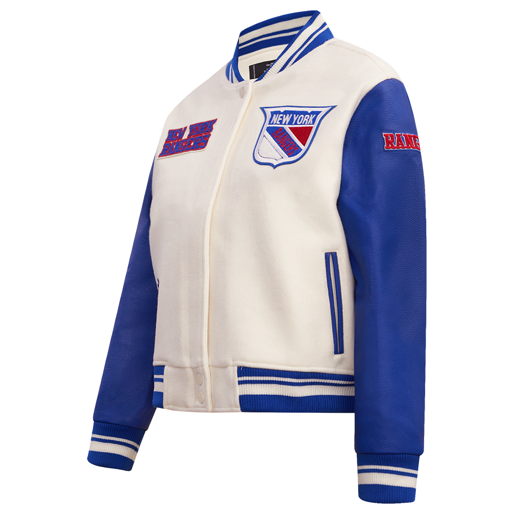 NHL NEW YORK RANGERS RETRO CLASSIC WOMEN'S RIB WOOL VARSITY JACKET (EGGSHELL/ROYAL BLUE)