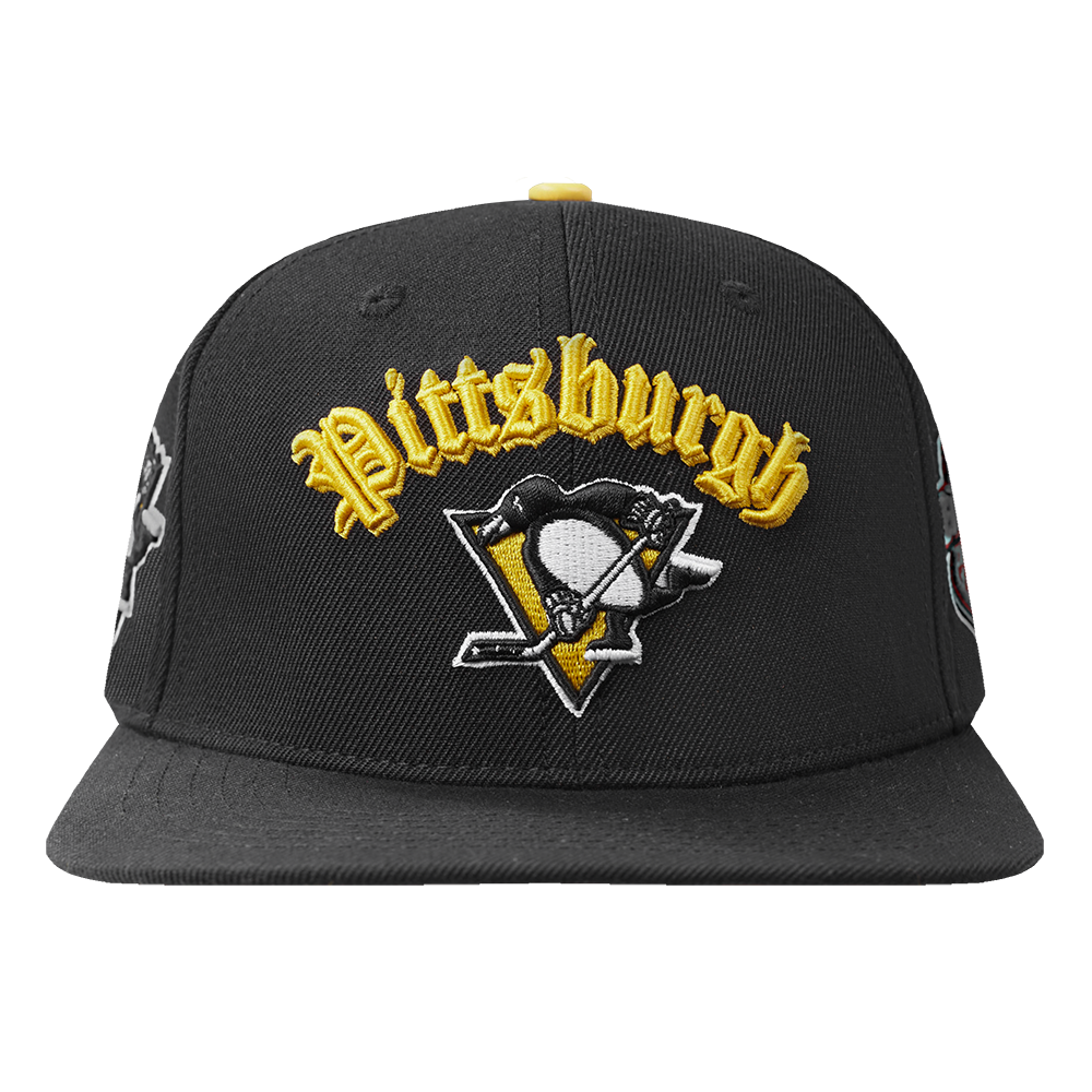 NHL PITTSBURGH PENGUINS OLD ENGLISH UNISEX 6 PANEL SNAPBACK HAT BLACK Pro Standard