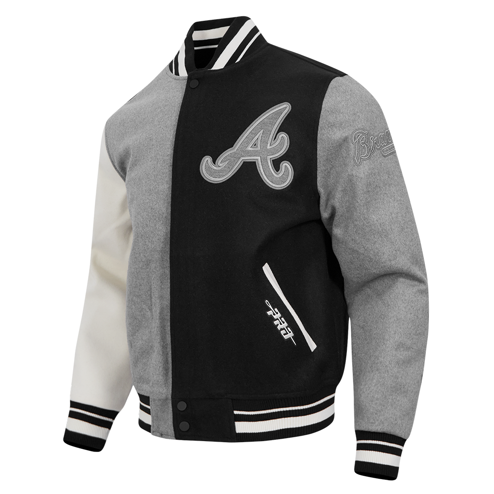 MLB ATLANTA BRAVES REVERSE FRENCH TERRY MEN'S COLOR BLOCK WOOL VARSITY JACKET (BLACK/GRAY/EGGSHELL)