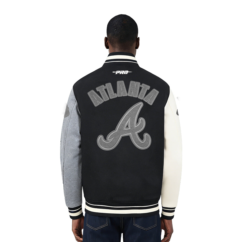 MLB ATLANTA BRAVES REVERSE FRENCH TERRY MEN'S COLOR BLOCK WOOL VARSITY JACKET (BLACK/GRAY/EGGSHELL)