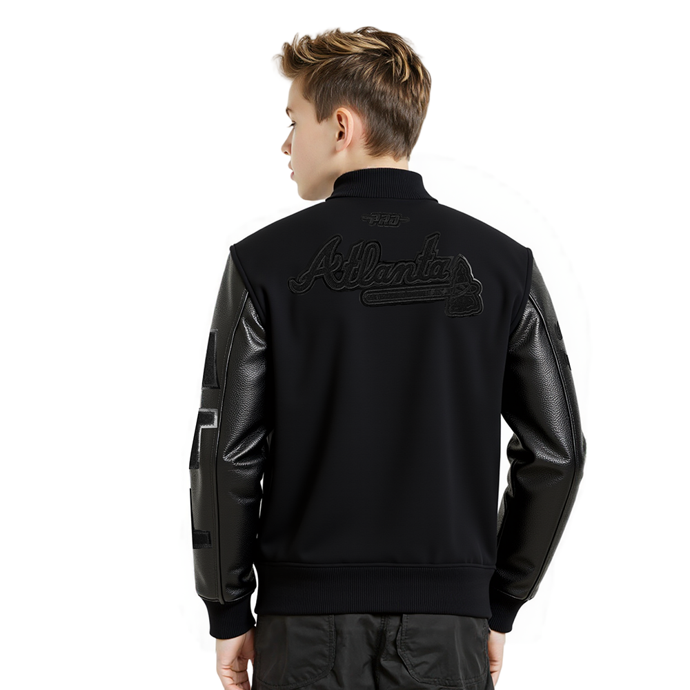 MLB ATLANTA BRAVES TRIPLE BLACK LITTLE BOYS WOOL VARSITY JACKET (JET BLACK)