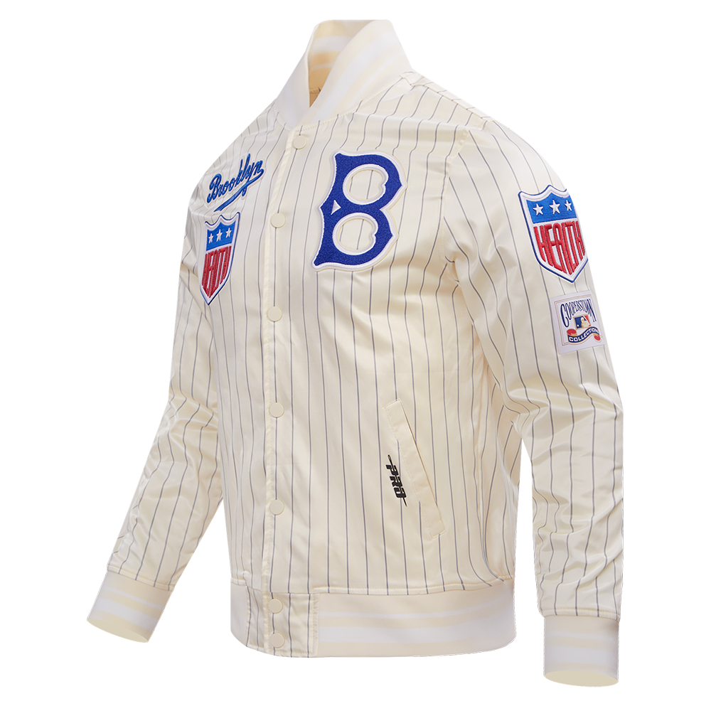MLB BROOKLYN DODGERS PINSTRIPE RETRO CLASSIC MEN'S RIB SATIN JACKET (EGGSHELL/ GREY)